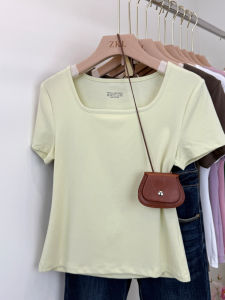 Elegant Pure Desire Cotton T-Shirt Square Collar Elastic Slim Fit Summer Top Fashionable Versatile Base Layer Shirt