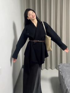 BINKAFENNY | Black Waist-Cinching Velvet Sweater And Halter Skirt Two-Piece Set Korean Style Autumn Winter Womens Fashion Ensemble