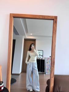 Extended Blue Striped Loose Casual Pants High Waist Straight Leg Slimming Floor-Length Womens Summer New Style Korean Version