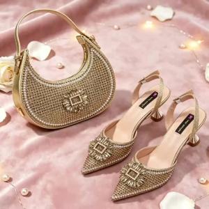Bộ Giày Cao Gót Mũi Nhọn Đính Đá Pha Lê Thủ Công Và Túi Xách Phong Cách Ý Dành Cho Nữ Chất Liệu PU Kiểu Dáng Sang Trọng Dự Tiệc