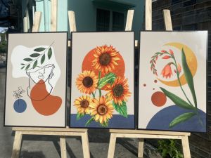 Tranh treo tường- Tranh Laminate Tráng gương- Tranh Hoa Hướng Dương- Bộ 3 tấm