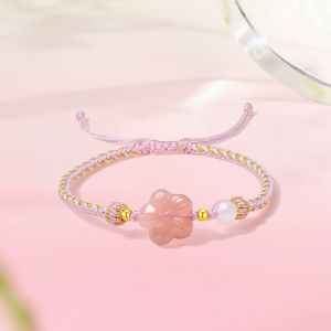 ZHOU LIU FU 周六福 24K Solid Gold Bracelet Natural Chalcedony Peach Blossom Ping Buckle Ruyi Charm Cute Braided Bracelet for Women Girl 16+6cm J1713538/J1713539/J1713540