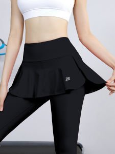 Womens High-Waist Yoga Pants Tight Fitness Running Compression Pants Fake Two-Piece Gym Sport Skirt Pants Long Nylon