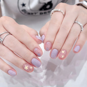 Short fake nails for women girls cute kawaii star in yellow purple square nail tips Sweet Korean style press on false nail art