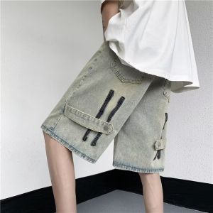 Summer Thin Straight Casual Yellow Clay Dyed Zipper Mens Denim Shorts Loose Fit High Street Five-Point Pants