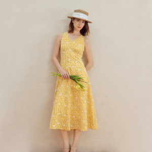 INMAN | French Elegant Plaid Embroidered Halter Tied Waist Dress