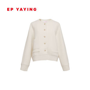 EP YAYING Fall 2025 New Womens Knitted Loose Shoulder round Neck Cream White Outerwear Simple Style Long Sleeve Short Coat