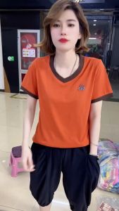 plus Size Womens Fashion Color Block T-Shirt Diamond Embedded Swan Design Shoulder Length Short Sleeve V-Neck Top for Summer