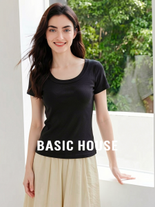 Basic House | Round Neck Short Sleeve Black Womens T-Shirt Summer