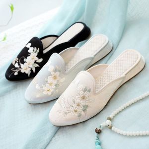 Embroidered Silk Satin Slippers Hanfu Shoes Ladies Flat Bottom PVC Outsole Comfortable Spring Summer New Style Cool Slippers