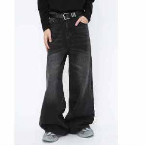 Korean Style High End Feeling Unique Splicing Loose Straight Leg Wide Leg Pants Trendy Black Gradient Jeans Long Trousers