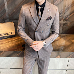 Double-Breasted Suit Mens Suits Slim-Fit Korean-Style Wedding Bridegroom Formal Dress Yuppie Handsome Stripes Suit Jacket