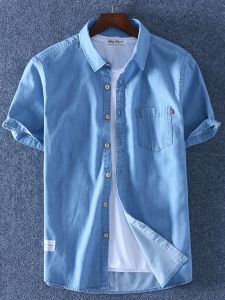Washed Denim Shirt Mens Short Sleeve Pure Cotton Summer Thin Loose Casual Top Mens Fashion Wear Half Sleeve Soft Shirt
