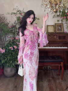 Elegant Floral Print Maxi Dress Womens Summer Vacation Style High-End Design Sensation Goddess Elegant Long Sleeve V-Neck Dress