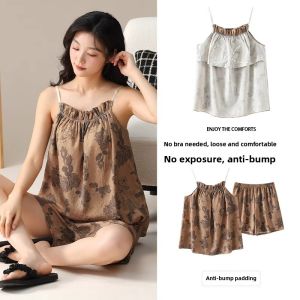 MiiOW | Cat Woman Summer Thin Cool Feeling Chemise Nightgown Womens Home Clothes Set Can Be Worn Outside Short Sleeve One Shoulder Design