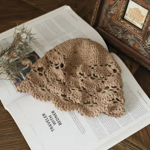 Hand-Knitted Flower Hollow Thin Cap Spring and Summer Lace Breathable Kerchief Crochet Toe Cotton Thread Hat Female