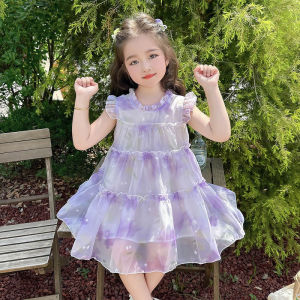 Summer Princess Dress for Girls Purple Flowered Chiffon Childrens Clothing Baby Outfit Skirt Sweet Style All Ages Suitable