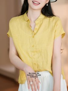 XIAOER | Imported French Pure Linen Salt Shrink Womens Shirt Round Collar