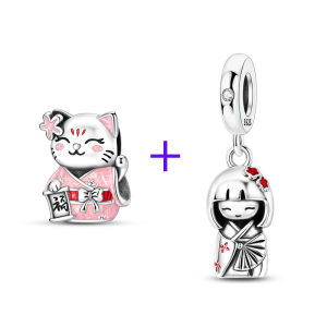 Chất Liệu Bạc 925 Kimono Cô Gái Mèo May Mắn Hạt Charm Mặt Dây Chuyền Nữ Tự Làm Vòng Tay Trang Sức Phù Hợp Với Ban Đầu Vòng Cổ Quà Tặng