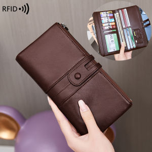 RFID Blocking Large Capacity Womens Purse Solid Color Soft Leather Multi-functional Clutch Bag Zipper Mens Long Wallet
