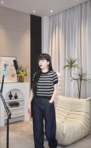 Korean style casual striped round neck knitted blouse top for women