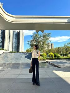 New Navy Blue High Waist Thin Straight Leg Long Length Pants Draping Micro Flared Easy Care Womens Business Casual Trousers