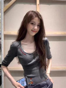 American Style Grey V-neck Long Sleeve Slim Fit T-shirt for Summer