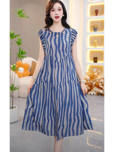 ชุดเดรสยาวปานกลางลายทางสีน้ำเงินคลีน ทรงเอ แขนสั้น คอตั้ง กระโปรงทรงเอ ทรงเข้ารูป แฟชั่นฤดูร้อน สำหรับผู้หญิง