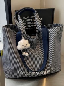 Loose Feeling Large Capacity Bag Female Work Clothing Stripes Canvas Hand Shopping Bag Short Distance Travel Sling Bag Tote Big Bag