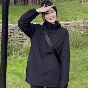 WANGGONGZHU | Black Windproof Outdoor Climbing Jacket Womens Spring Autumn New Small Size Sporty Fleece Lined Hooded Zipper Coat