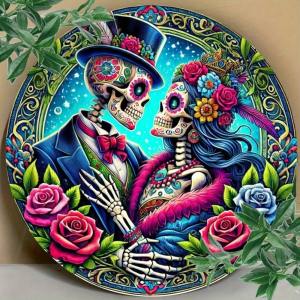 1pc 8 Inch Round Sugar Skull Metal Sign Mexican Dia De Muertos Decor for Bar & Cafe Holiday Gift