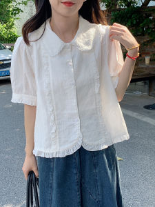 Sweet Japanese Style White Shirt Heavy Embroidery Bubble Sleeve Ruffle Trim Cotton Blend Summer Fashion Womens Shirt