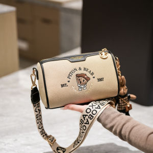 Cute Bear Embroidered Canvas Pillow Bag Single Shoulder Crossbody Bag for Women Soft Polyester Lining Zipper Closure Daily Use