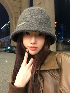 Grey Wool Blend Knitted Fisherman Hat Womens Winter Furry Large Circumference Warm Bucket Cap Face Slimming Trendy Hat