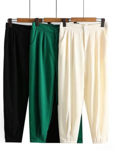 High Waist Pleated Loose plus Size Womens Pants Solid Color Slimming Nine Pointed Cargo Pockets OL Style Spring Commute