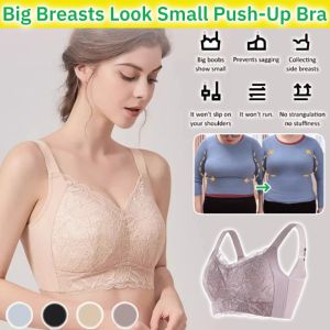 Big Breasts Look Small Push-Up Bra Lace Thin Wireless Full Coverage Plus Size Seamless Underwear