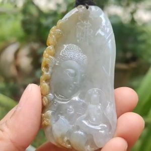 High Quality Yellow with Light Green Natural Type A Jadeite Jade crafted with Buddha and Monk as Pendant certificate weigh 54.87 grams measurement 71.6 * 35.6 * 9.5 mm (pendant262)