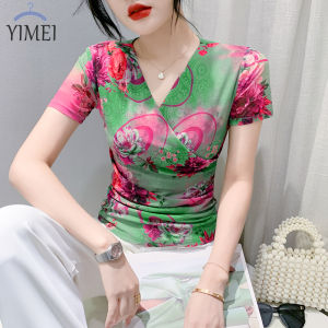 Yimei 2023 Áo thun lưới cổ chữ V Xếp Nếp thời trang ngắn tay bó sát áo in ngọt ngào