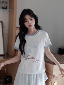 Simple Fashion Floral Print round Neck Short Sleeve T-Shirt Womens White Splicing Summer Cotton Polyester Blend Comfortable Top