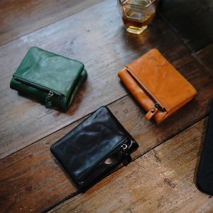 Retro Style Short Wallet by Zhuofeng Handmade Leather Goods Soft Multi-Pocket Real Cowhide Billfold with Buckle Closure