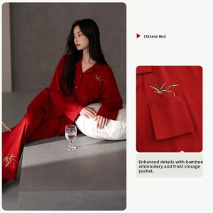 yuenei | New Couple Sleepwear Set Cotton Red Home Clothes Spring Autumn Long Sleeve Button Decoration Loose Fit Men Women Casual Wear