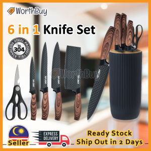 Worthbuy 6 in 1 Premium Stainless Steel Knife Set with Free Knives Holder Set Pisau Kitchen Utensils