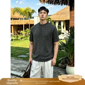 OUMULONG | Stylish Breathable Knitted Henry Collar Mens Summer T-Shirt