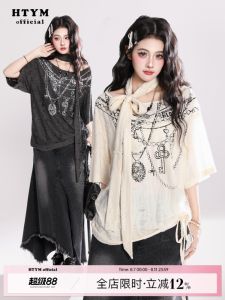 HTYM Korean Lazy Style Womens Short Sleeve T-shirt Summer New Irregular Hole Design Scarf Slimming Loose Top Sweet Cool