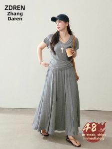 ZHANGDAREN | Bộ Áo Thun và Chân Váy Màu Xám Dành Cho Người Mập Phong Cách Thường Ngày