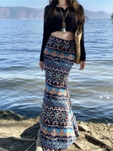 Bohemian Style High Waist Slim Fit Fish Tail Skirt Vacation Beach Holiday Long Dress Polyester Fiber All Seasons Midi Skirt
