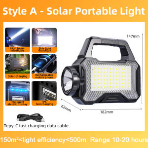 Portable Solar Lanterns Solar Powered Charging Bank Searchlight Outdoor Strong Light Flashlight Hand Lamp with COB Side Light