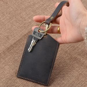 Genuine Leather Slim Credit Card Holder Handmade Leather Minimalist ID Card Case Mini Bus Card Holder with Keychain Key Ring