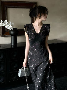 French Luxurious V-Neck Lace Splicing Floral Print Sleeveless Long Dress Womens New 2025 Summer Waist-Cinching Slimming Dress