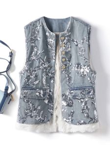 New Chinese Style National Trend Sequin Embroidery Denim Vest Women Summer 2025 New Patchwork Lace Sleeveless Shoulder Pad Vest